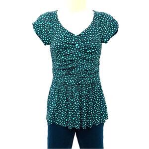 Y2k Anthropologie Postage Stamp Navy Turquoise Polka Dot Peplum Short Sleeve Top